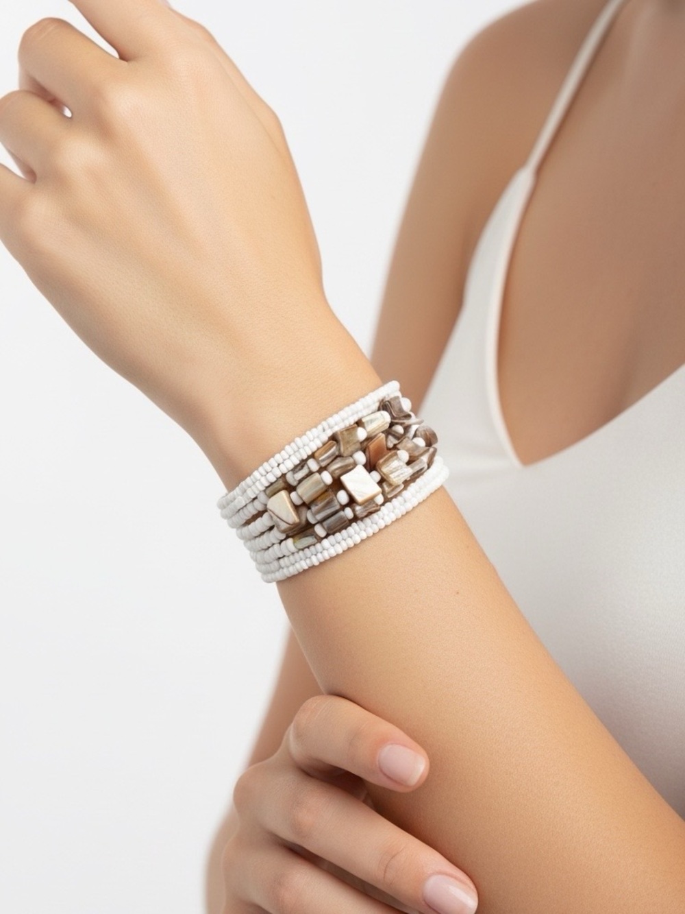 Persa Cuff Beaded Brown and White mother of pearl Statement Bracelet